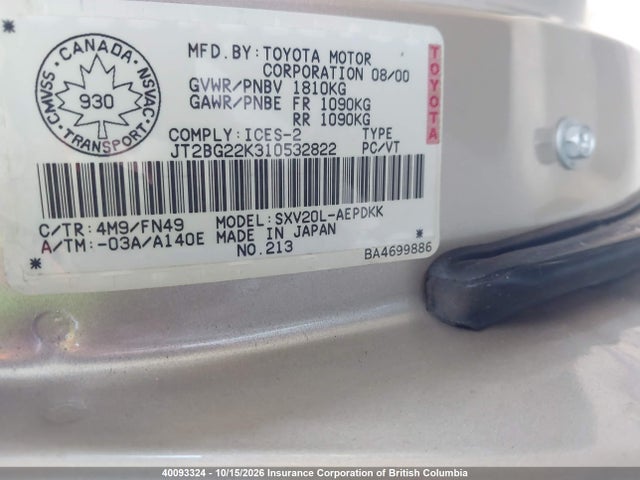 40093324 :رقم المزاد ، JT2BG22K310532822 vin ، 2001 Toyota Camry مزاد بيع