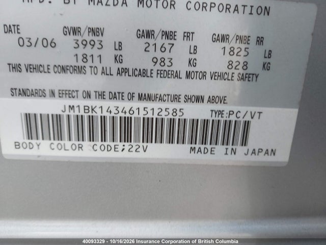 Aukcja sprzedaży 2006 Mazda Mazda3 Gs/gt, vin: JM1BK143461512585, numer aukcji: 40093329