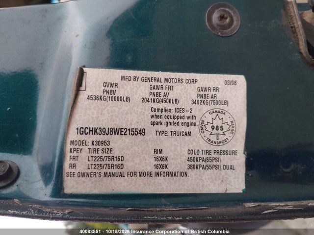 Aukcja sprzedaży 1998 Chevrolet Gmt-400 K3500, vin: 1GCHK39J8WE215549, numer aukcji: 40083851
