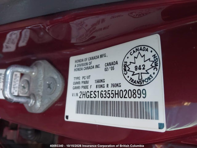 2005 Honda Civic მანქანა იყიდება აუქციონზე, vin: 2HGES16355H020899, აუქციონის ნომერი: 40093340