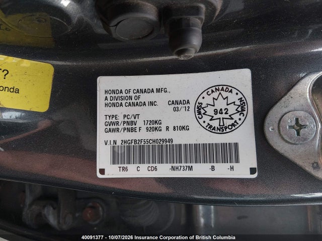 40091377 :رقم المزاد ، 2HGFB2F55CH029949 vin ، 2012 Honda Civic Lx مزاد بيع