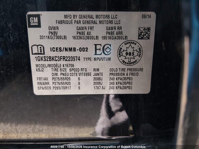 1GKS2BKC3FR220974 GMC YUKON SLT