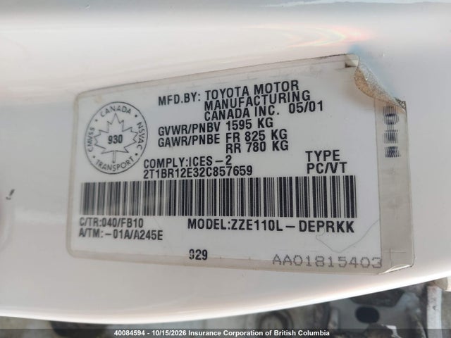 Aukcja sprzedaży 2002 Toyota Corolla Ce/le/s, vin: 2T1BR12E32C857659, numer aukcji: 40084594