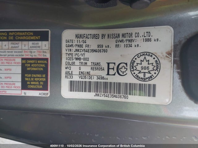 40091110 :رقم المزاد ، JNKCV54E35M406760 vin ، 2005 Infiniti G35 مزاد بيع