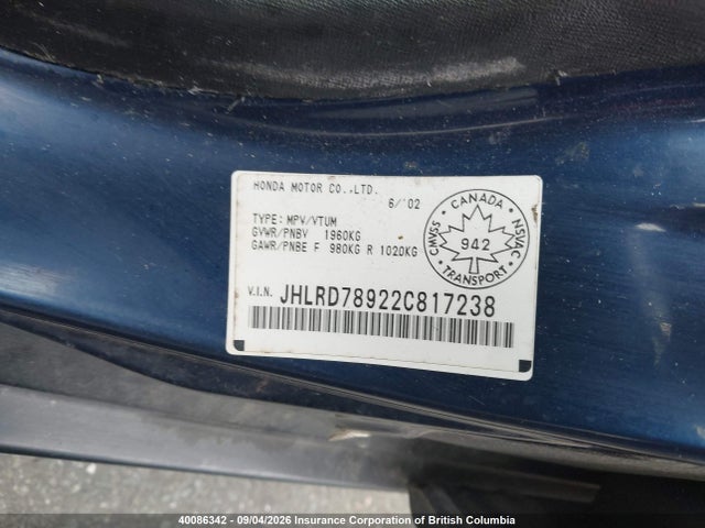 2002 Honda Cr-v Ex მანქანა იყიდება აუქციონზე, vin: JHLRD78922C817238, აუქციონის ნომერი: 40086342