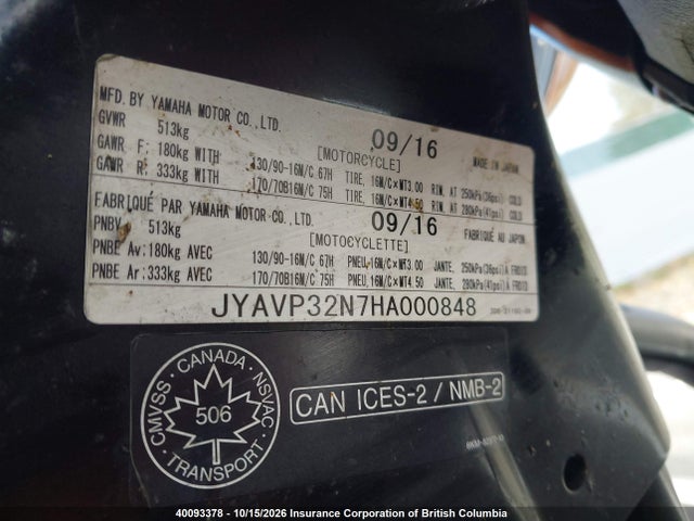 Продажа на аукционе авто 2017 Yamaha Xvs1300 Ct/ctb, vin: JYAVP32N7HA000848, номер лота: 40093378