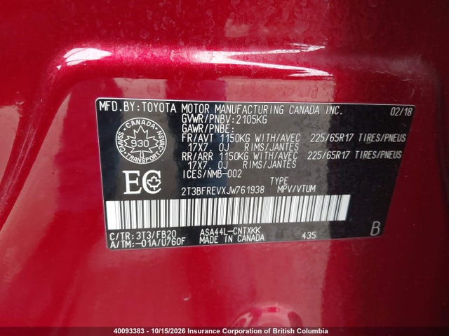 Aukcja sprzedaży 2018 Toyota Rav4, vin: 2T3BFREVXJW761938, numer aukcji: 40093383