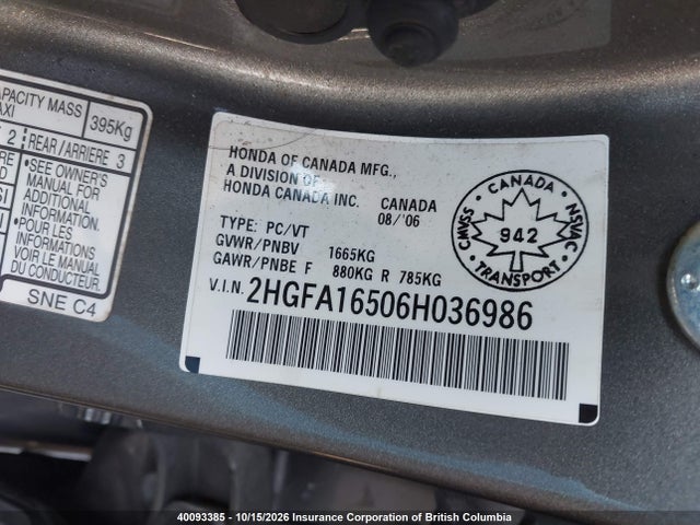 2006 Honda Civic მანქანა იყიდება აუქციონზე, vin: 2HGFA16506H036986, აუქციონის ნომერი: 40093385