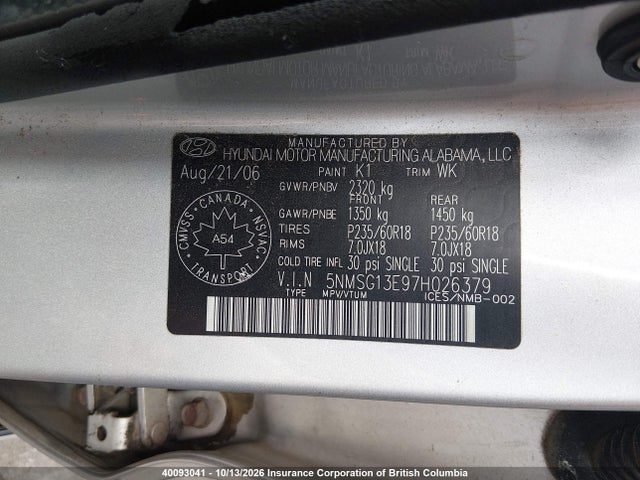 Aukcja sprzedaży 2007 Hyundai Santa Fe Gl, vin: 5NMSG13E97H026379, numer aukcji: 40093041