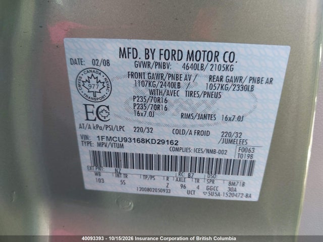 Продаж на аукціоні авто 2008 Ford Escape Xlt, vin: 1FMCU93168KD29162, номер лоту: 40093393