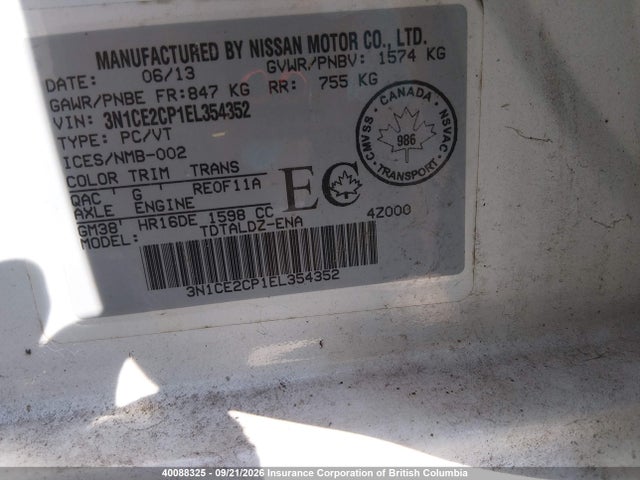 3N1CE2CP1EL354352 Nissan Versa Note S/s Plus/sv/sl