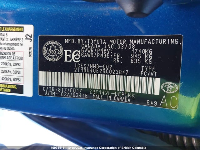 40093413 :رقم المزاد ، 2T1BU40E29C023847 vin ، 2009 Toyota Corolla S مزاد بيع
