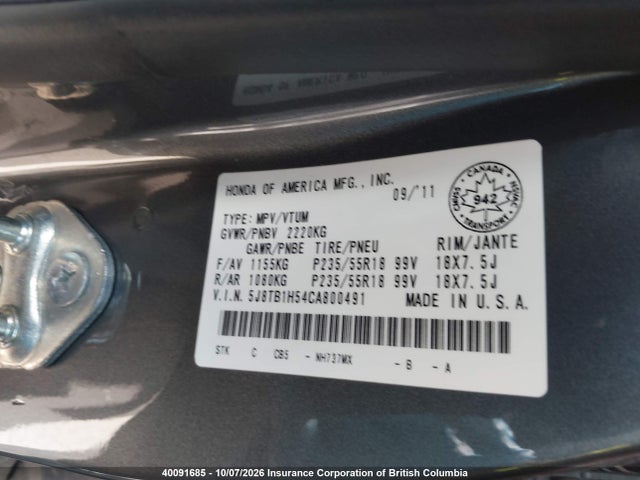 40091685 :رقم المزاد ، 5J8TB1H54CA800491 vin ، 2012 Acura Rdx Technology مزاد بيع