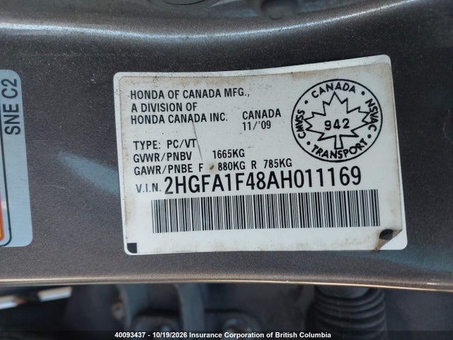 2010 Honda Civic მანქანა იყიდება აუქციონზე, vin: 2HGFA1F48AH011169, აუქციონის ნომერი: 40093437