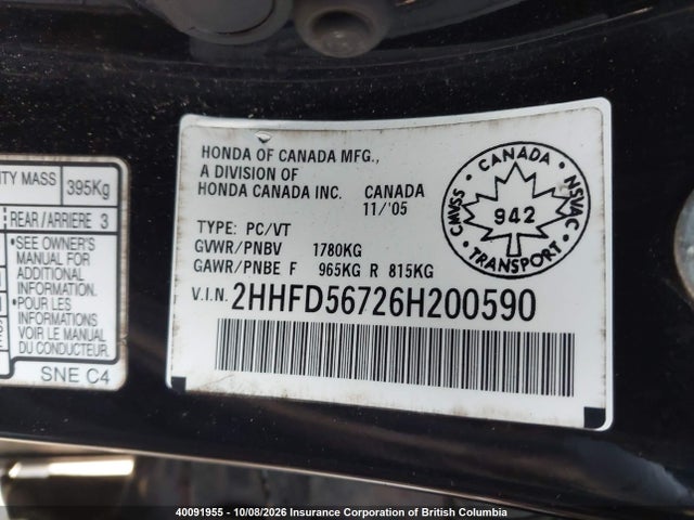 40091955 :رقم المزاد ، 2HHFD56726H200590 vin ، 2006 Acura Csx Premium مزاد بيع