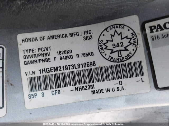 Aukcja sprzedaży 2003 Honda Civic, vin: 1HGEM21973L810698, numer aukcji: 40093446