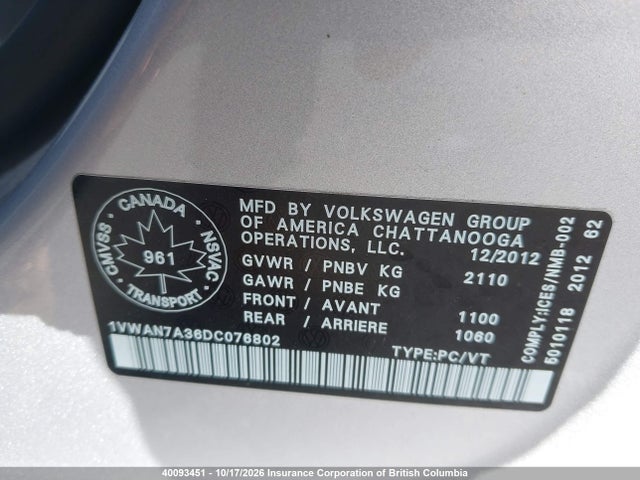 Aukcja sprzedaży 2013 Volkswagen Passat S, vin: 1VWAN7A36DC076802, numer aukcji: 40093451