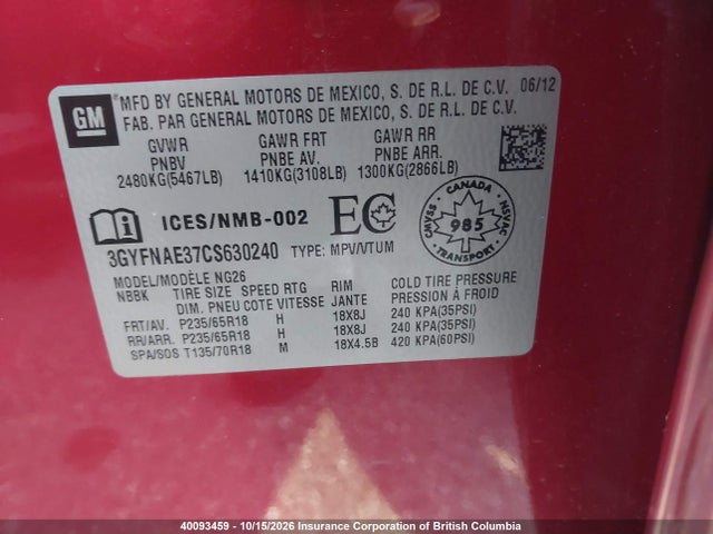 Продажа на аукционе авто 2012 Cadillac Srx, vin: 3GYFNAE37CS630240, номер лота: 40093459