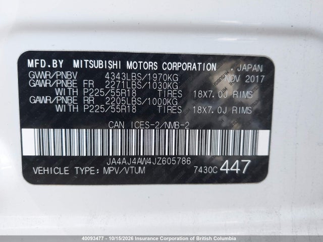 Aukcja sprzedaży 2018 Mitsubishi Rvr, vin: JA4AJ4AW4JZ605786, numer aukcji: 40093477