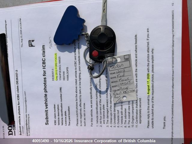 Продаж на аукціоні авто 2012 Ford Focus, vin: 1FAHP3E26CL199025, номер лоту: 40093490