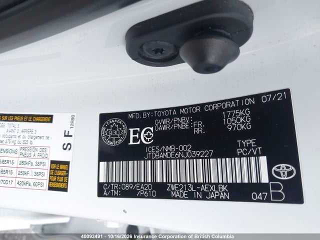 40093491 :رقم المزاد ، JTDBAMDE6NJ039227 vin ، 2022 Toyota Corolla Hybrid Base W/li Battery مزاد بيع