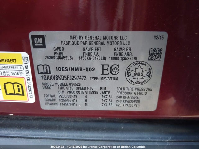 GMC Acadia Slt-2 2015 1GKKVSKD5FJ297473 Image 9