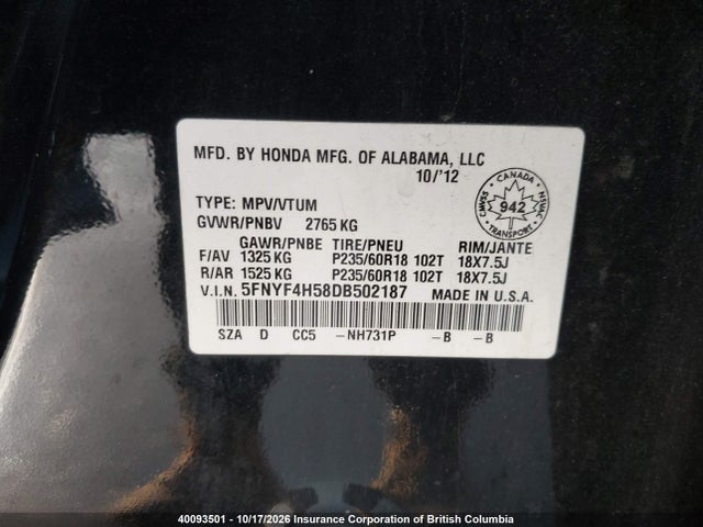Продаж на аукціоні авто 2013 Honda Pilot, vin: 5FNYF4H58DB502187, номер лоту: 40093501