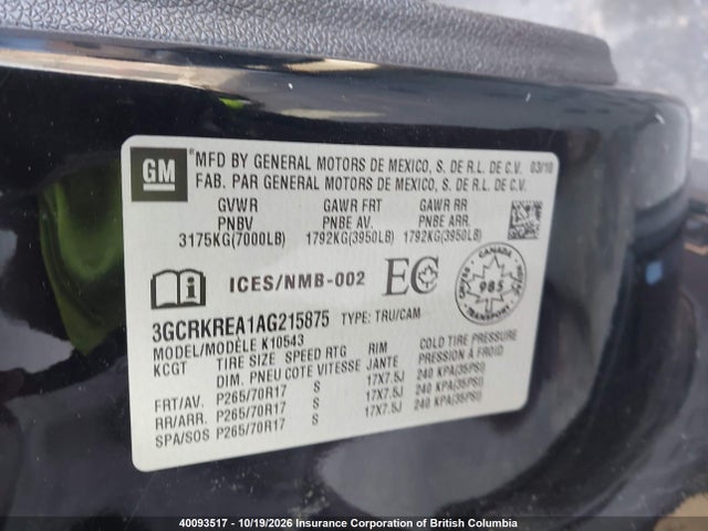 40093517 :رقم المزاد ، 3GCRKREA1AG215875 vin ، 2010 Chevrolet Silverado 1500 Ls Cheyenne Edition مزاد بيع