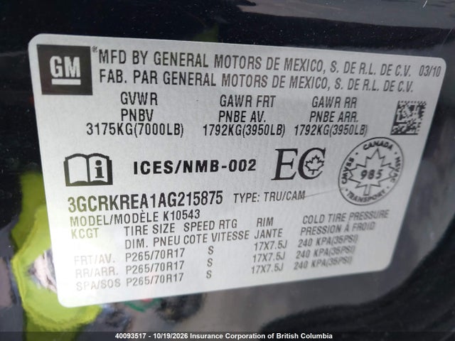 40093517 :رقم المزاد ، 3GCRKREA1AG215875 vin ، 2010 Chevrolet Silverado 1500 Ls Cheyenne Edition مزاد بيع