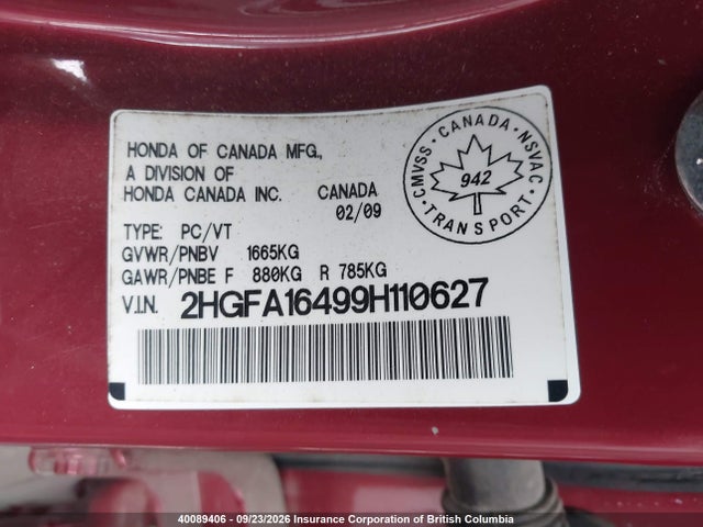 2009 Honda Civic Dx-g მანქანა იყიდება აუქციონზე, vin: 2HGFA16499H110627, აუქციონის ნომერი: 40089406