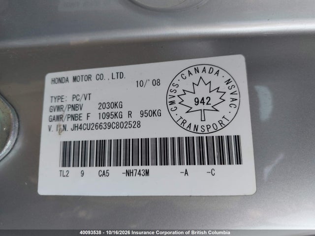 40093538 :رقم المزاد ، JH4CU26639C802528 vin ، 2009 Acura Tsx مزاد بيع
