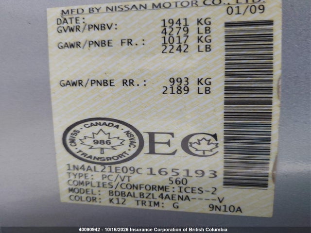 Продажа на аукционе авто 2009 Nissan Altima 2.5/2.5s, vin: 1N4AL21E09C165193, номер лота: 40090942