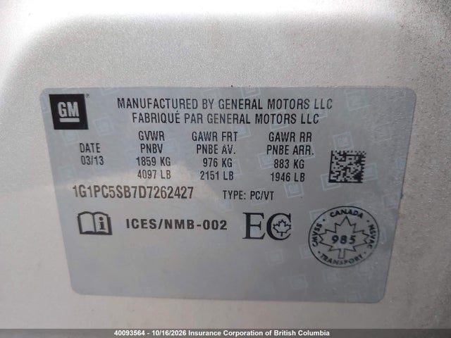 40093564 :رقم المزاد ، 1G1PC5SB7D7262427 vin ، 2013 Chevrolet Cruze مزاد بيع