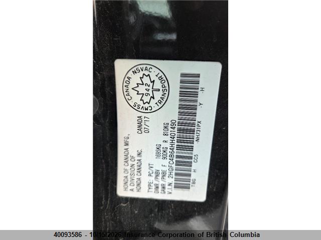 2017 Honda Civic მანქანა იყიდება აუქციონზე, vin: 2HGFC4B64HH401490, აუქციონის ნომერი: 40093586