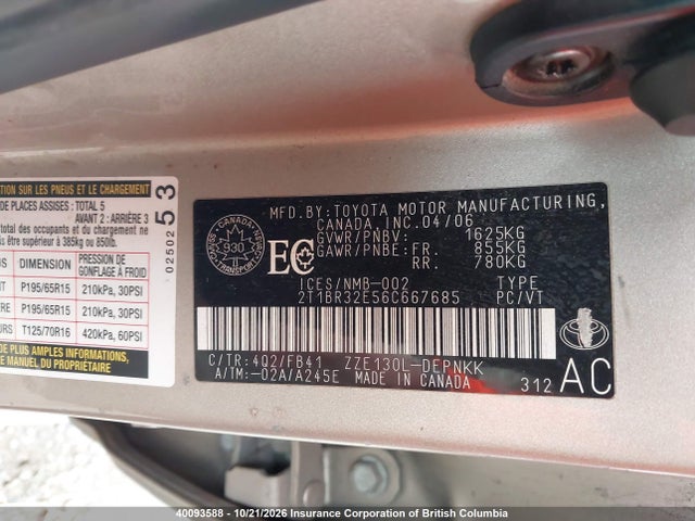 Продажа на аукционе авто 2006 Toyota Corolla Ce/le/s, vin: 2T1BR32E56C667685, номер лота: 40093588