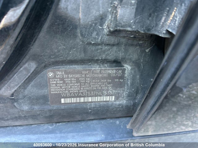 Aukcja sprzedaży 2007 Bmw 328i, vin: WBAVA37537NL15357, numer aukcji: 40093600