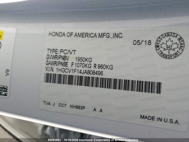 Honda ACCORD LX 2018 1HGCV1F14JA808496 Image 9