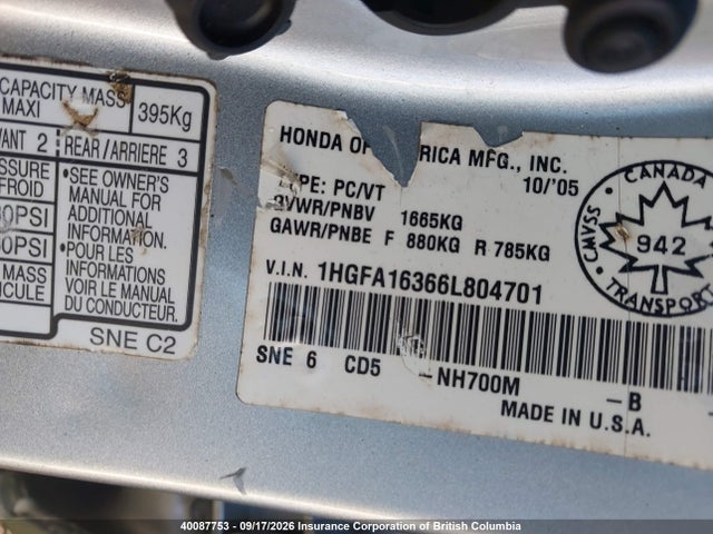 Продажа на аукционе авто 2006 Honda Civic Dx Vp, vin: 1HGFA16366L804701, номер лота: 40087753