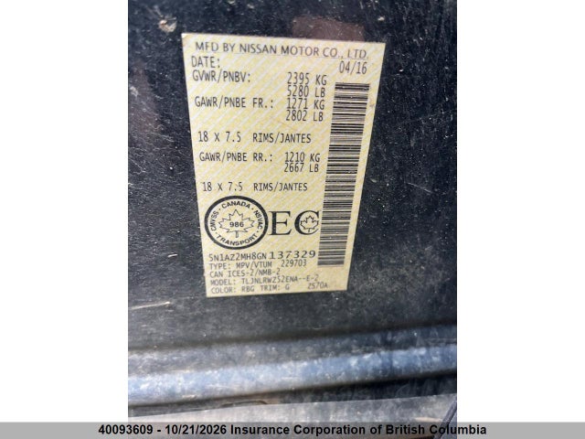 Продаж на аукціоні авто 2016 Nissan Murano Platinum/sl/sv, vin: 5N1AZ2MH8GN137329, номер лоту: 40093609