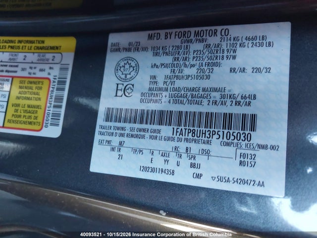 40093521 :رقم المزاد ، 1FATP8UH3P5105030 vin ، 2023 Ford Mustang Ecoboost مزاد بيع