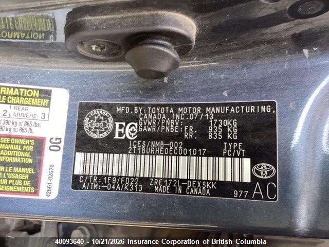 2T1BURHE0EC001017 Toyota Corolla L/le/le Pls/prm/s/s Pls