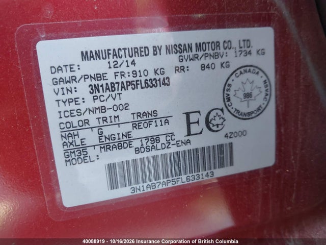 40088919 :رقم المزاد ، 3N1AB7AP5FL633143 vin ، 2015 Nissan Sentra S/sv/sr/sl مزاد بيع