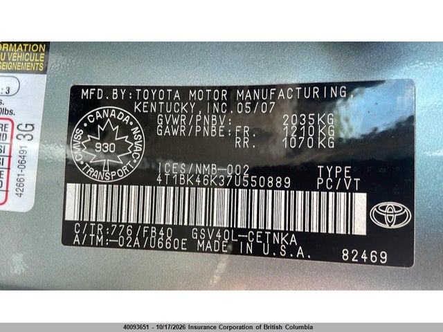 Продажа на аукционе авто 2007 Toyota Camry, vin: 4T1BK46K37U550889, номер лота: 40093651