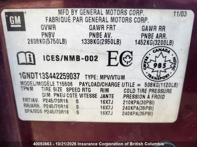 2004 Chevrolet Trailblazer Ls/lt მანქანა იყიდება აუქციონზე, vin: 1GNDT13S442259037, აუქციონის ნომერი: 40093663