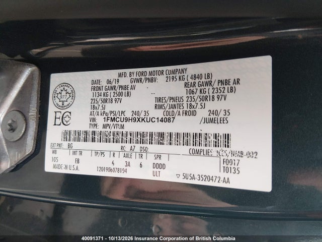 Продаж на аукціоні авто 2019 Ford Escape Sel, vin: 1FMCU9H9XKUC14087, номер лоту: 40091371