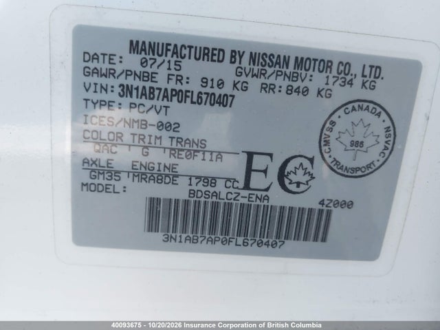 Продаж на аукціоні авто 2015 Nissan Sentra 1.8 S/1.8 Sl/1.8 Sr/1.8 Sv, vin: 3N1AB7AP0FL670407, номер лоту: 40093675