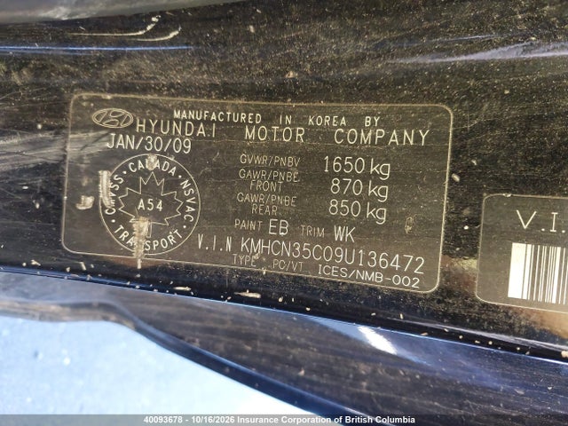 40093678 :رقم المزاد ، KMHCN35C09U136472 vin ، 2009 Hyundai Accent Se مزاد بيع