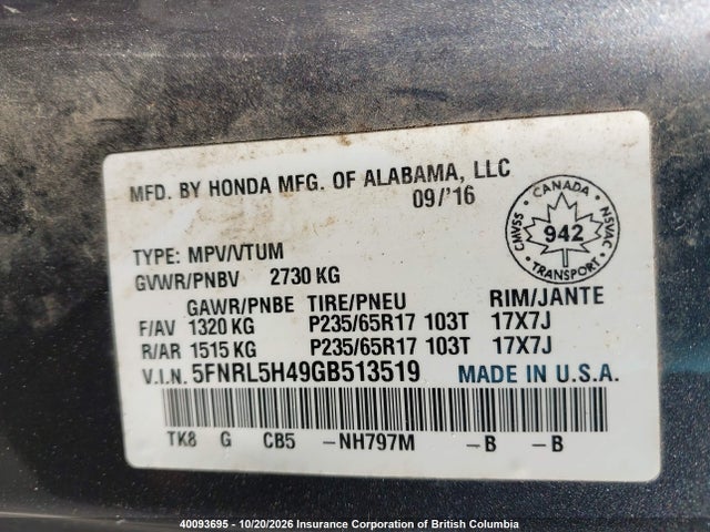 Honda ODYSSEY EX 2016 5FNRL5H49GB513519 Image 9