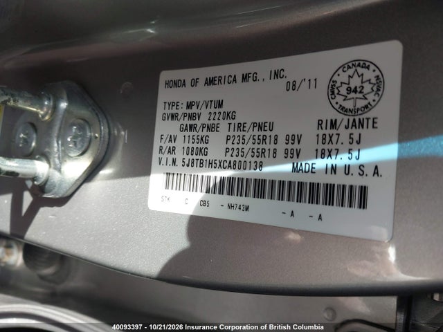 40093397 :رقم المزاد ، 5J8TB1H5XCA800138 vin ، 2012 Acura Rdx Technology مزاد بيع