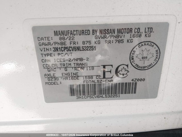 3N1CP5CV6NL532251 Nissan KICKS SV